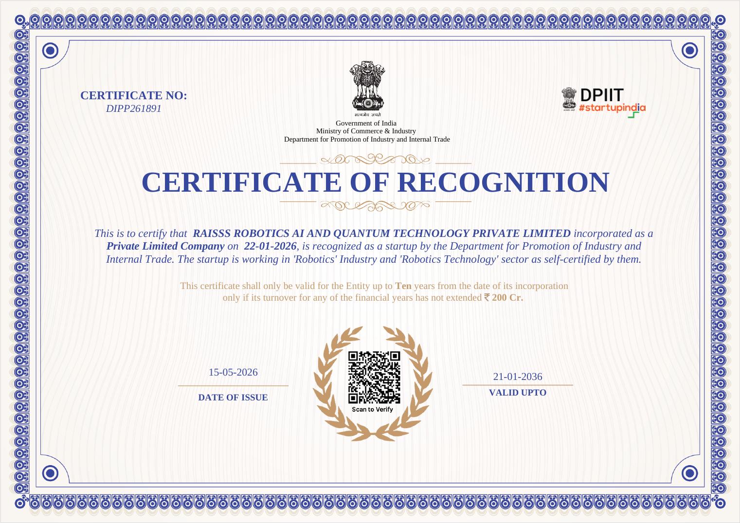 DPIIT Certificate of Recognition DIPP261891 issued to RAISSS ROBOTICS AI AND QUANTUM TECHNOLOGY PRIVATE LIMITED